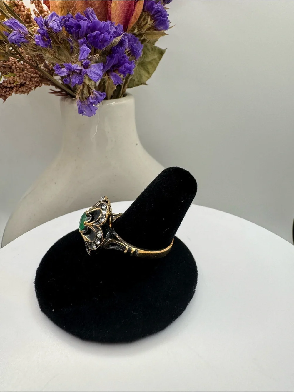 Vintage Floral Cocktail Ring with Green Cabochon & Crystal Accents (Size 8)